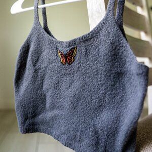 🦋 Charcoal Gray Knit Crop Top with Butterfly Embroidery
